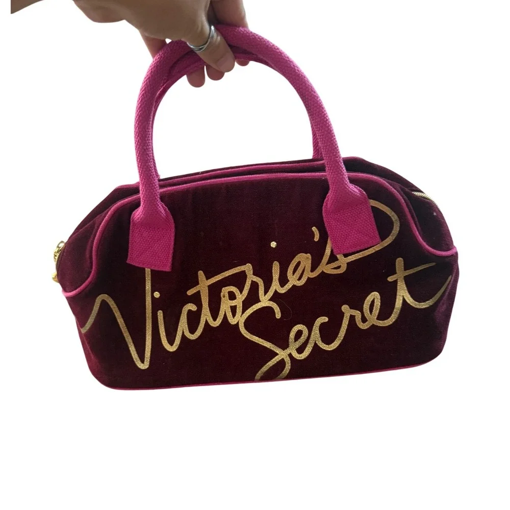Victoria's Secret Y2k Burgundy Velvet Vanity Bag Pink Logo Heart Zipper Pull